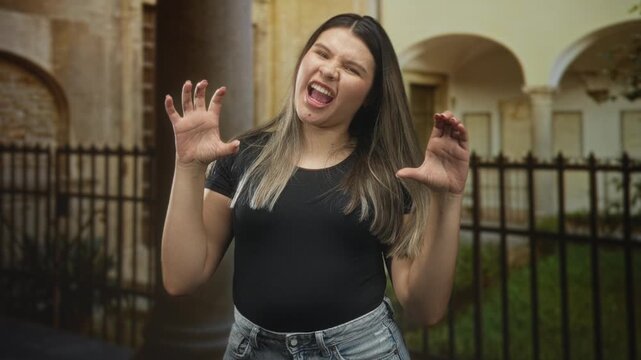 Young woman makes claw gesture with her hands and grin while wearing a black tshirt and jeans in front of a building courtyard; playful mischief.