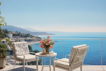 Fototapeta premium Balcony terrace offering a serene coastal view with furniture and flowers