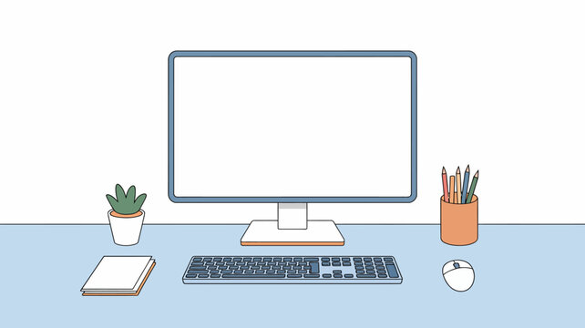 minimalist workspace with computer monitor keyboard and stationery on a light blue surface