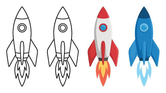 stylized rocket ship illustrations with flame trails line art and colorful versions on white