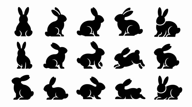 collection of twelve black rabbit silhouettes in various poses on a white background