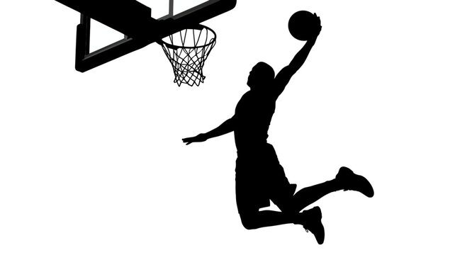basketball player silhouette dunking towards the hoop against a white background
