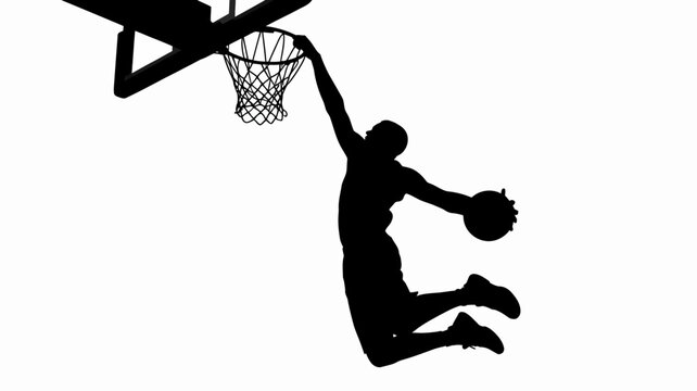 basketball player silhouette dunking with ball against a white background