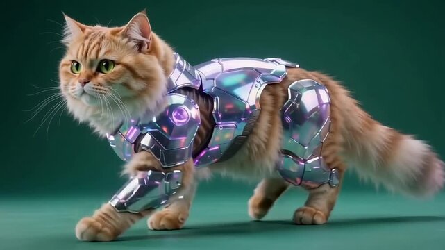 Fluffy orange cat wearing futuristic metallic armor walking across the screen in slow motion video
