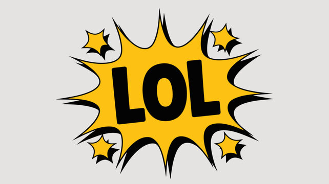 Comic style speech bubble with the text lol in black lettering yellow burst and star shapes