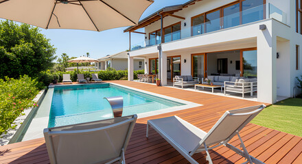 Fototapeta premium Villa with outdoor pool area and lounge chairs on wood deck patio