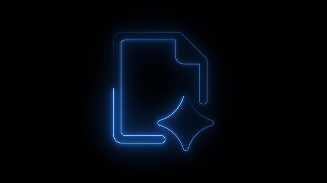 Blue glowing neon document sparkle icon on dark background animation.