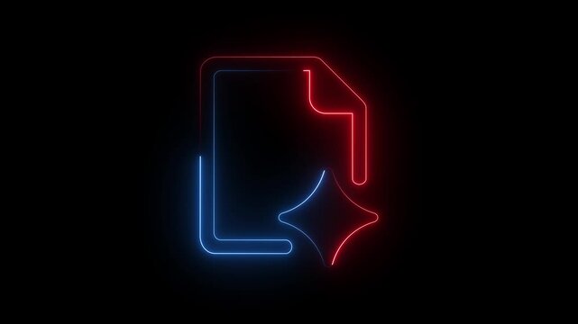 Red blue glowing neon document sparkle icon on dark background animation.