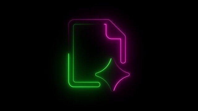 Pink green glowing neon document sparkle icon on dark background animation.