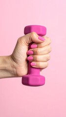 Female hand with pink manicure holding a pink dumbbell on a pink background