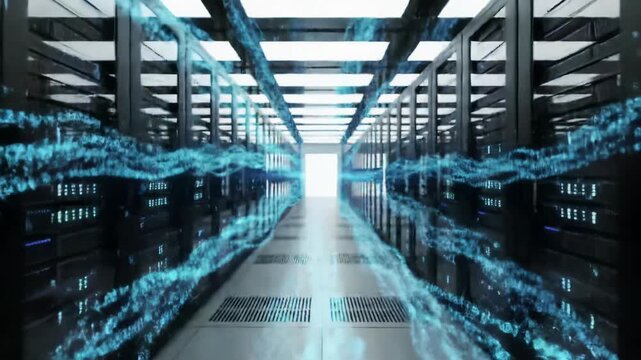 Brightly lit, ultra-modern data center corridor with towering server racks, flowing electric blue data streams, dolly video, lens flare. Concept of immense data processing and advanced technology