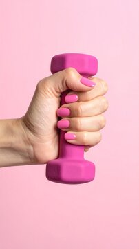 Female hand with pink manicure holding a pink dumbbell on a pink background