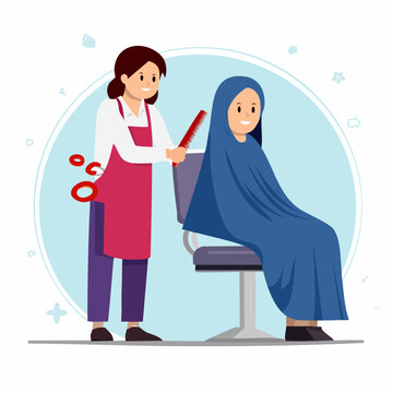Hairdresser Cutting Hair of Woman Wearing Hijab