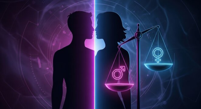 Silhouette of man and woman with gender symbols on balance scales