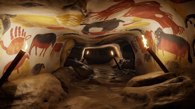 Underground Cave with Prehistoric Animal Murals and Torches, Mystical Cave Scene with Cultural Artwork Lighting