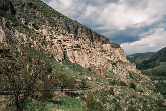 Vardzia cave monastery, Georgia. Spectacular ancient holy site carved into Erusheti Mountain slopes above the winding Mtkvari River