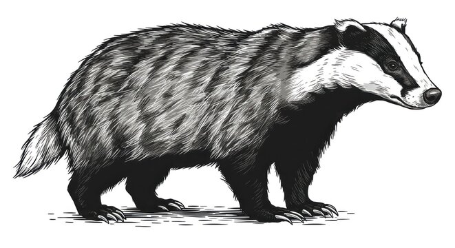 A detailed illustration of a badger walking in a natural environment with fur, claws, snout, body, and tail.
