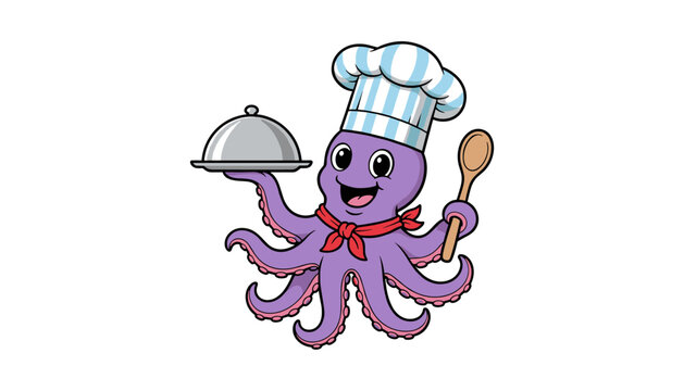 Octopus chef holding serving dish and spoon cartoon