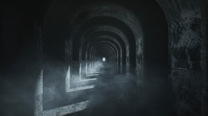 Fototapeta premium Mysterious Tunnel with Archways and Fog Creating a Dramatic Atmosphere in a Dark Underground Passage