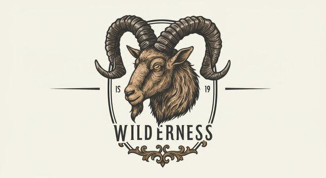 An illustration of a majestic ram's head with curved horns surrounded by ornate design elements and the word Wilderness.