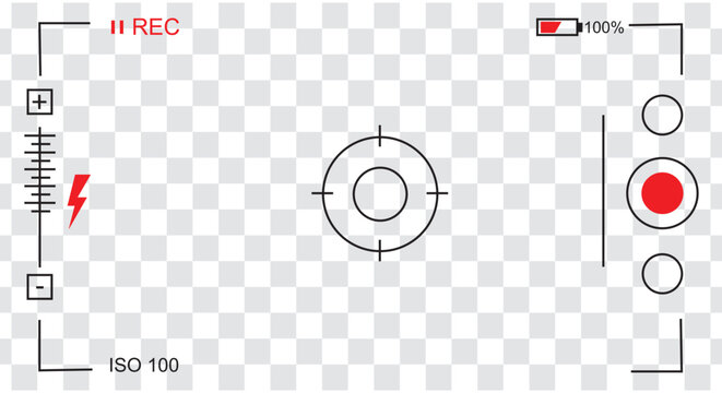 Camera interface with recording symbols and settings on a transparent background for video production and photography