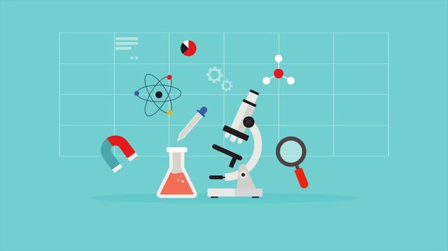 Multi-Disciplinary Science and STEM Lab Animation: Microscope and Chemistry Flask with Magnet, Atom, and Dropper Icons, Seamless Loop.