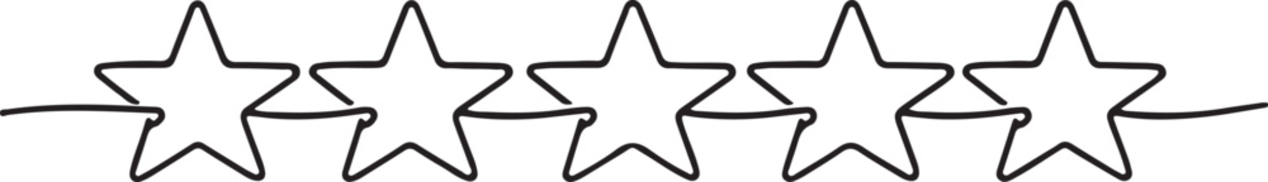 Continuous single line five star icon for rating, review, holiday divider vector design.