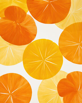 Orange round citrus slices painted in gouache bright texture