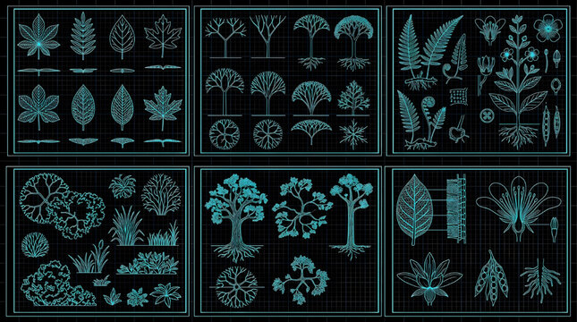 Organic Vegetation Shapes Blueprint Technical Drawing Vector Set Multi View Cyan Outline on Black Background