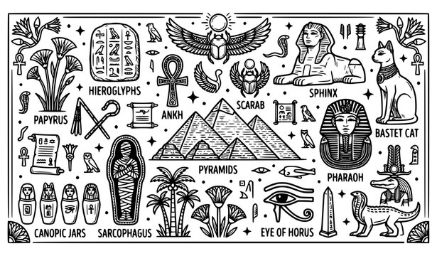 Vector set of Egyptian doodle icons featuring pyramids, sphinx, pharaoh, mummy sarcophagus, scarab beetle, ankh, eye of horus, and bastet cat, perfect for historic history and mythology designs.