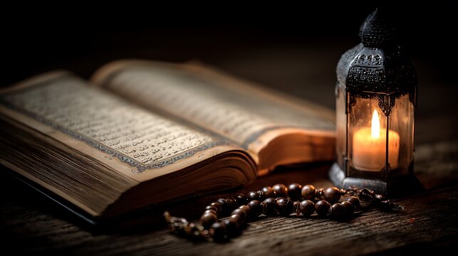 A lit candle in an ornate lantern next to an open book and prayer beads, on a wooden surface
