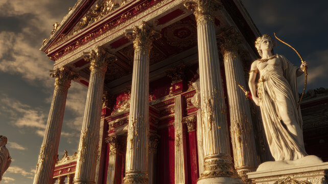 Space universe exploration, fantasy. A detailed, highresolution digital artwork depicts a grand, neoclassical architectural structure, likely a temple or palace.