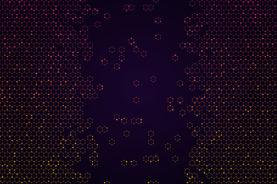 Gradient hexagonal network with scattered dots and circles on dark background, hexagonal grid
