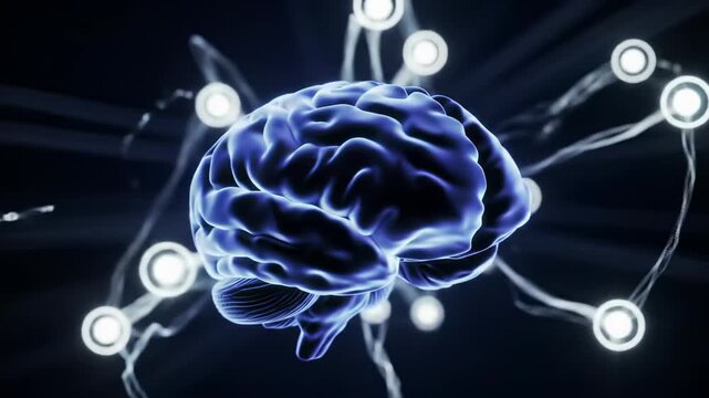 Highly detailed, glowing, sapphire blue human brain rotating, surrounded by pulsing, crystalline neural network against abstract dark void, subtle lens flares. Futuristic science concept