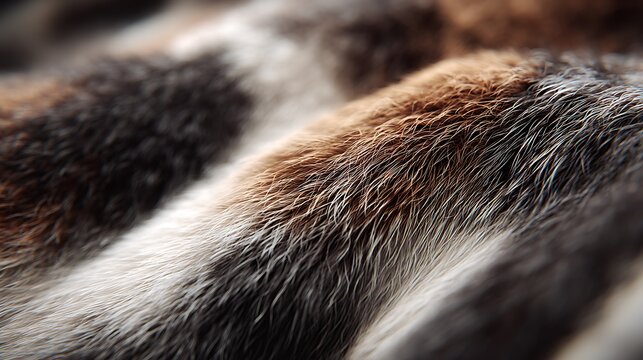 Close-up view of textured fur with brown, grey, and white hues; soft, rippled surface