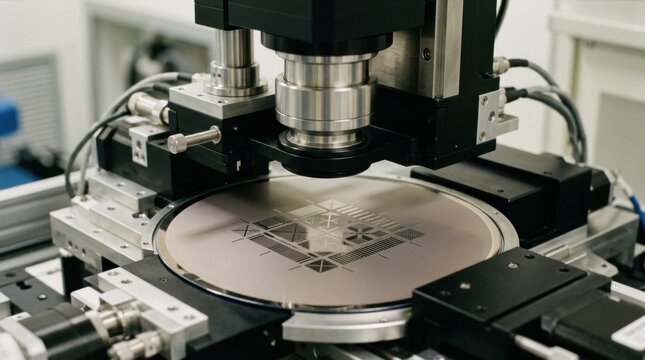 Closeup medium shot of a semiconductor wafer precisely aligned beneath photolithography stepper optics showcasing intricate alignment marks on the wafer surface.