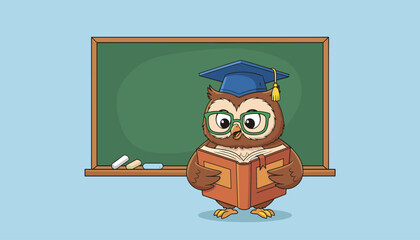 Owl wearing graduation cap reading book standing in front of blackboard © MorsidaStock