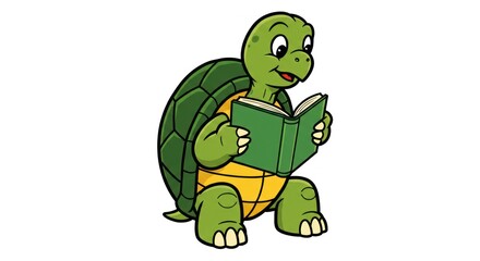 Obraz premium A cartoon turtle reads a green book while sitting outdoors happily.