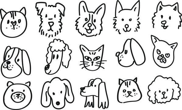 Cute Hand Drawn Dog and Cat Face Doodle Icon Collection