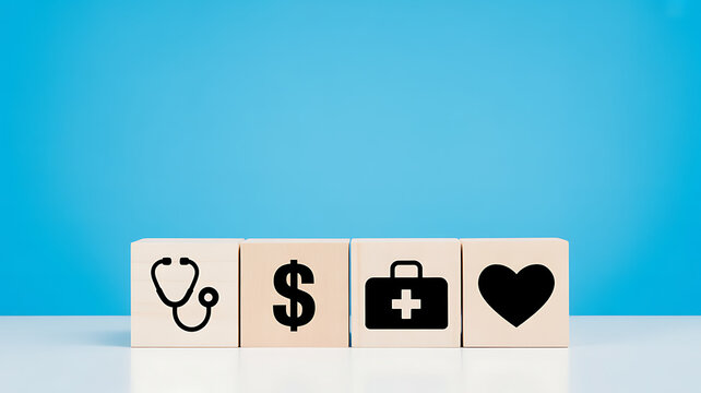 Four wooden blocks with healthcare and finance icons on a blue background medical money