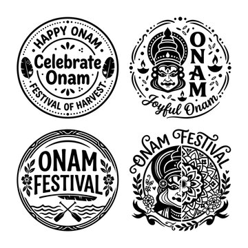 Onam festival kathakali mask and circular badge labels