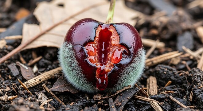 Macro shot of a damaged cherry with fuzzy texture on the ground