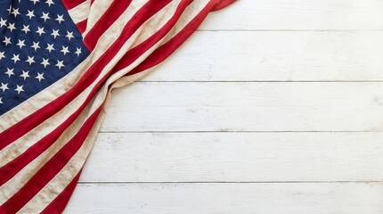 Obraz premium American flag draped elegantly over a rustic white wooden surface background
