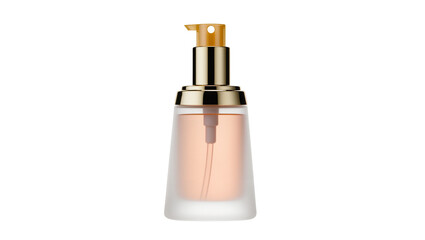 Naklejka premium Frosted glass perfume bottle with gold pump dispenser, isolated on transparent background