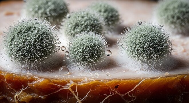 Macro closeup of mold growing on a slice of food