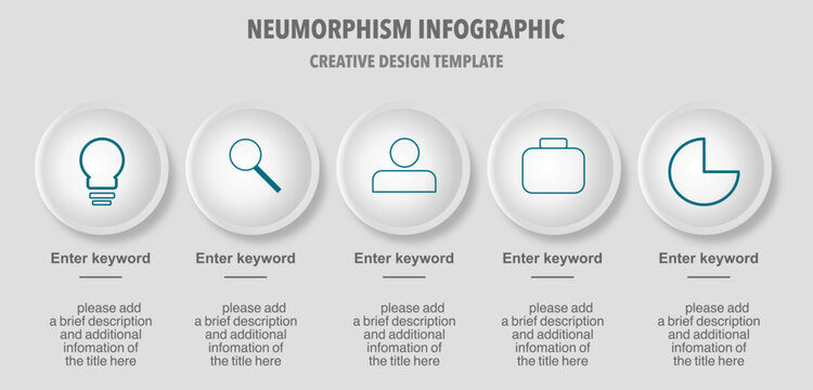 Minimal neumorphism infographic template with circular icons and clean soft shadow style. Modern business and technology presentation layout suitable for workflow, marketing, timeline, process visuali