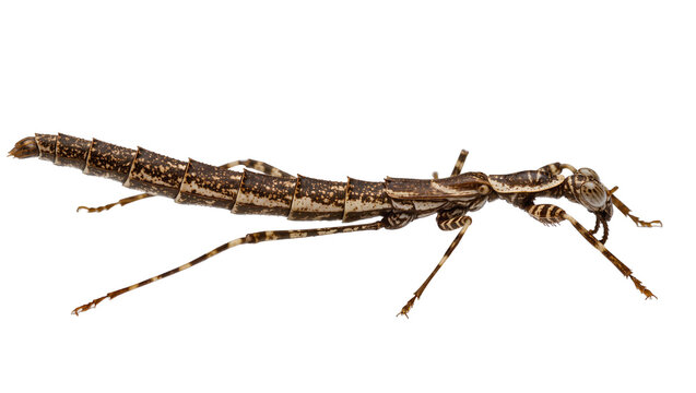 Detailed brown stick insect with segmented body and long legs, isolated on transparent background
