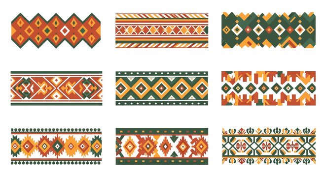 Set of nine vibrant ethnic pattern borders with geometric designs.