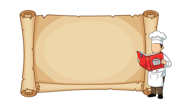 Cartoon chef holding menu standing beside scroll banner