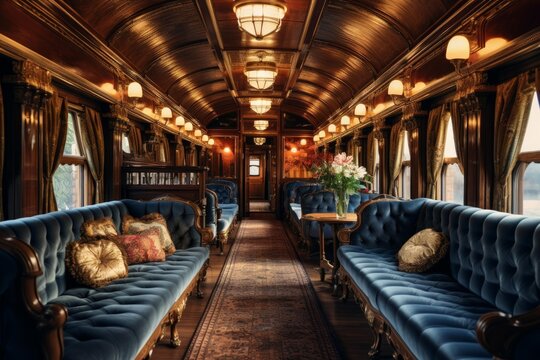 Ornate train carriage interior featuring elegant blue velvet sofas and classic wooden details